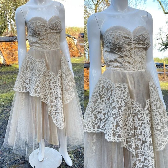 Vintage 1950’s Champagne Tulle Wedding Dress Shelf Bust Lace Bolero XXS - Picture 2 of 7